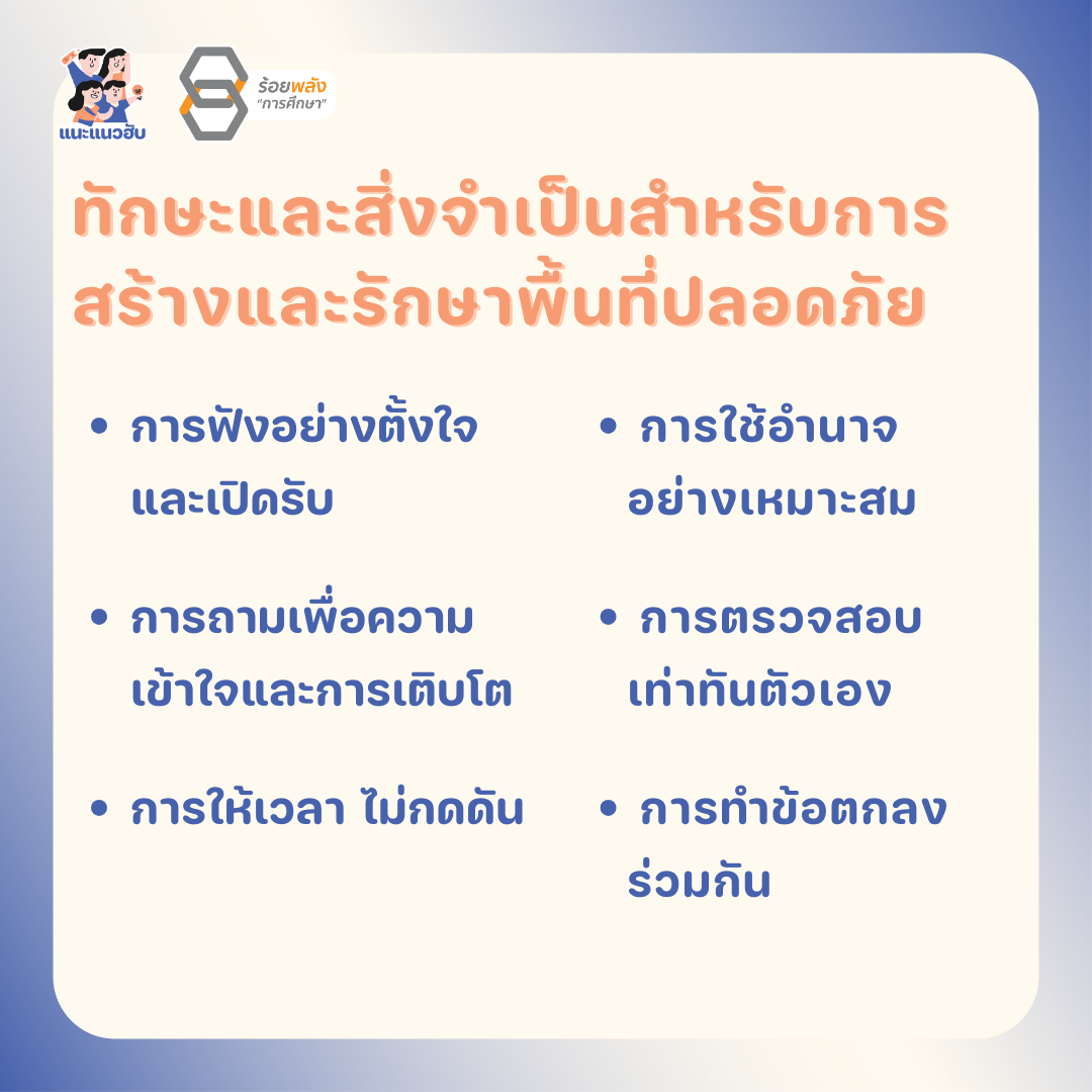 ทักษะที่สำคัญและมีส่วนช่วยสร้างให้เกิด รวมถึงรักษาความเป็นพื้นที่ปลอดภัย